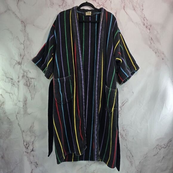 Vintage Robe Mens XL Black Rainbow 90s Terry Cloth Towel Bath Heavyweight - Picture 1 of 16